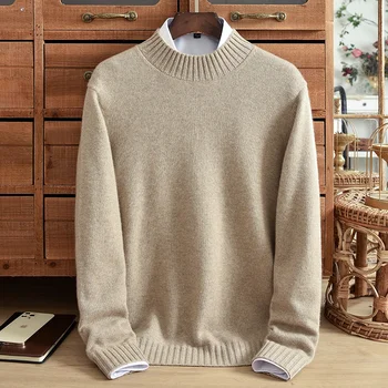 Мужской зимний утолщенный теплый свитер с высоким воротом, молодежный пуловер, повседневный вязаный свитер, однотонный