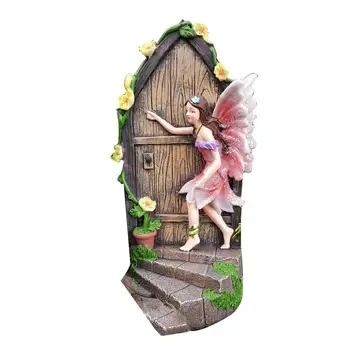 Милая миниатюрная дверная статуэтка, Сказочный Эльф, Садовый декор, Фея из смолы, Стучащая в дверь, Садовая скульптура, Статуи, украшения