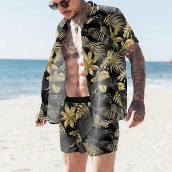 Летние мужские Высококачественные гавайские комплекты, два костюма с принтом, рубашка с коротким рукавом и пуговицами, пляжные шорты, Уличная одежда на каждый день, мужской комплект из 2 предметов