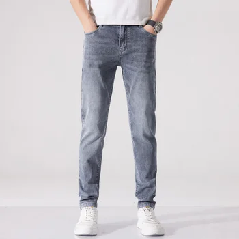 Облегающие ноги, эластичный тренд Корейского дизайна джинсов, мужские весенне-осенние повседневные брюки, Модные стрейчевые брюки, мужские Серо-синие