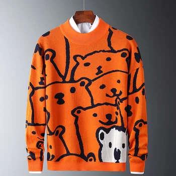 Мужские осенние повседневные свитера с рисунком белого Медведя, модные Тонкие свитера, хлопковые теплые пуловеры с длинным рукавом и круглым воротником, мужские Оранжевые