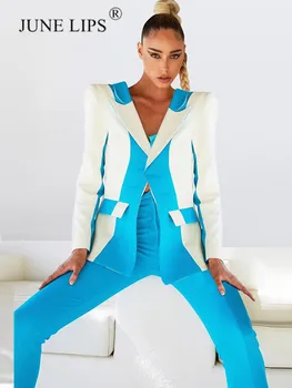 JUNE LIPS 2023, летний новый модный контрастный костюм высокого качества на одной пуговице, облегающие брюки, комплект из двух предметов