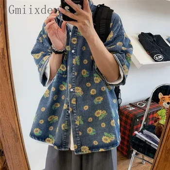 Gmiixder Ретро Винтажная джинсовая рубашка в Гонконгском стиле, блузка с принтом 