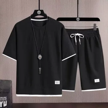 Летний мужской комплект из двух предметов, футболка + шорты, однотонный модный повседневный свободный дышащий высококачественный мужской спортивный костюм большого размера