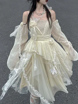 Новое летнее белое платье в японском стиле Харадзюку с пайетками Горячая мода для девочек, Темперамент Лолиты, Платье принцессы Kawaii Sweet Jsk