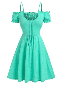 Dressfo Платье на бретельках, светло-зеленое мини-платье с оборками и коротким рукавом, летнее женское повседневное платье с U-образным вырезом и ремешками