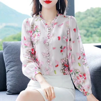 Элегантная модная шелковая шифоновая рубашка С длинным рукавом, блузка с цветочным принтом, Весна-лето, Повседневные женские топы с V-образным вырезом, Blusa