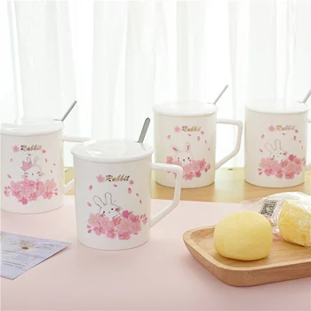 Креативный и романтичный Японский кролик Сакура, Керамическая чашка, Подарочная чашка с розовым цветком и ложкой с крышкой