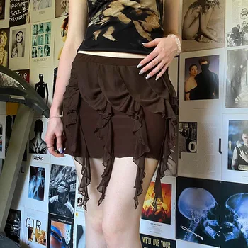 Ретро-коричневый с белыми оборками по краям, шелковая юбка из гладкой сетки неправильной формы, высокая талия, универсальный темперамент