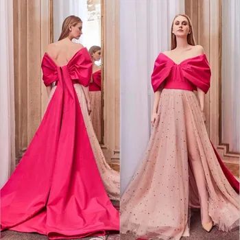 Уникальное Двухцветное платье для выпускного вечера, Фуксиевое и розовое, с открытыми плечами, Вечерние платья со шлейфом-накидкой на заказ