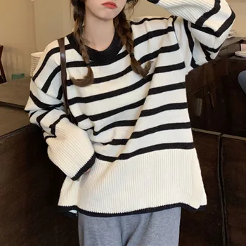 Модный свитер в полоску с круглым вырезом для женщин, пуловер, Осенний Новый Свободный вязаный свитер в корейском стиле 