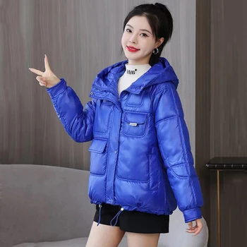 Корейская Короткая куртка с карманами и длинными рукавами, Свободная, с капюшоном, на хлопковой подкладке, Утепленные Короткие парки, Винтажная Зимняя одежда, Теплые Зимние пальто