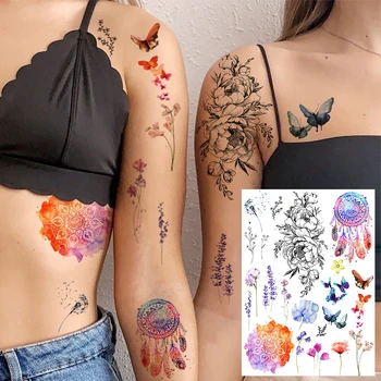 3D Красочные временные татуировки с цветком лаванды, бабочкой и мандалой Для женщин, Лиса, Ловец снов, поддельная татуировка, рука, грудь, Моющаяся татуировка