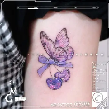 Мультяшная Фиолетовая бабочка, Вишневая татуировка, Тату, Оптовая продажа, Искусственные Поддельные татуировки для женщин, Временная татуировка, Милые наклейки Hotwife
