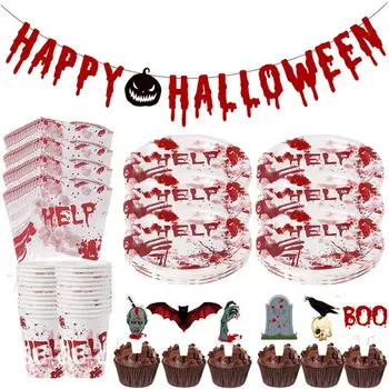 Набор тарелок на Хэллоуин, страшные столовые приборы, Бумажная посуда, набор посуды, Жуткие обеденные тарелки, набор посуды, аксессуары для Хэллоуина
