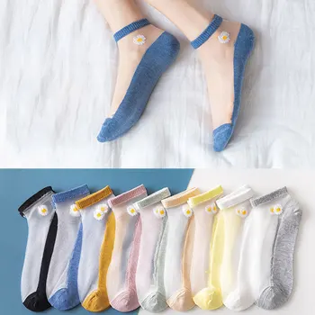 10 Пар летних тонких женских носков до щиколотки, повседневные короткие прозрачные женские носки-лодочки с ромашками, мягкие милые носки в кавайном стиле