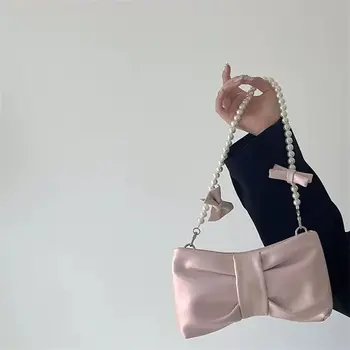 Сумка подмышками с жемчужным бантом Fairy Pink 2023, Корейская версия, Новая сумка через плечо, Мягкая кожаная сумка с жемчугом, Элегантная Универсальная сумка через плечо