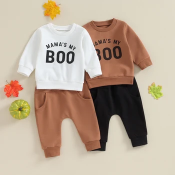 Осенняя одежда для новорожденных мальчиков на Хэллоуин, толстовка с длинными рукавами и эластичными брюками с буквенным принтом, осенняя одежда