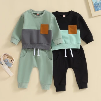 Осенние комплекты одежды для малышей и маленьких мальчиков из 2 предметов, свитшоты контрастного цвета с длинными рукавами, топы, брюки на завязках, повседневные спортивные костюмы