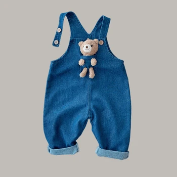 Комбинезон с потертым нагрудником для девочек синего цвета в стиле BF, Длинные джинсы с манжетами, повседневный джинсовый нагрудник для мальчиков + кукла-медведь