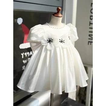 Детское Белое простое платье с цветочным узором для девочек 2-10 лет, детское атласное мини-бальное платье с аппликацией из бисера, вечерние платья принцессы