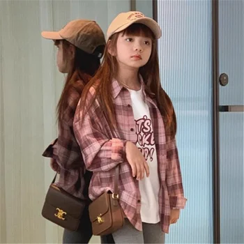 Корейская клетчатая рубашка для девочек, милое осеннее платье, повседневная рубашка поло с воротником для детей средней школы, детское тонкое пальто