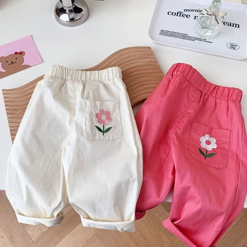 Детские брюки с эластичной резинкой на талии, хлопковые однотонные брюки с цветочной вышивкой для маленьких девочек, весенне-осенние повседневные модные брюки