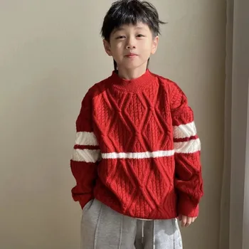 Шерстяной свитер для мальчиков, вязаный крючком, хлопчатобумажное вязание 2023, красный, плотный, Осень-зима, Высококачественная теплая детская одежда