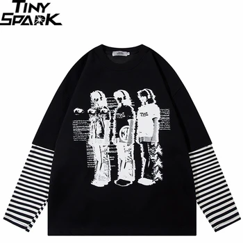 Мужчины толстовка уличная одежда с рукавом в полоску Лоскутная графика рваные толстовки пуловер хип-хоп негабаритных рубашка Харадзюку Y2K унисекс