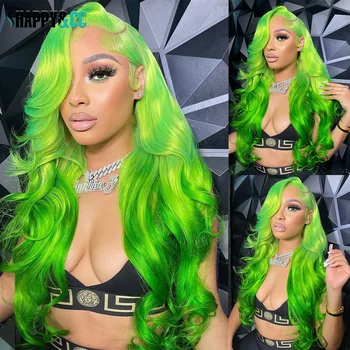 Зеленые объемные волнистые кружевные парики спереди, длинные натуральные волнистые вечерние синтетические парики для женщин, термостойкий бесклеевой парик