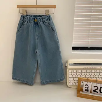 2023 Новые весенние детские Свободные джинсовые однотонные джинсы с карманами для маленьких девочек, хлопковые детские повседневные брюки, модные джинсовые брюки для мальчиков