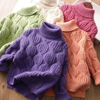 2023 Весна-Осень, детский свитер для девочек, хлопковая однотонная толстая водолазка, теплые топы, вязаный свободный эластичный свитер для девочек