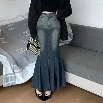 HOUZHOU Винтажная джинсовая юбка Макси для женщин 2023, Корейская мода, облегающее платье с высокой талией, сексуальная длинная юбка-русалка, уличная одежда
