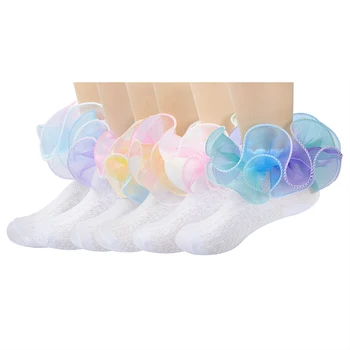 Детские носки, детские хлопчатобумажные носки в складку, танцевальные носки принцессы с 3D крупными лепестками для девочек, разноцветные сетчатые кружевные носки