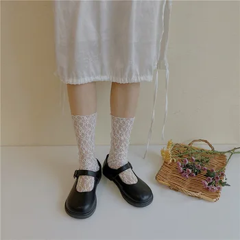 Носки с кружевным ворсом в стиле ретро, Женские сетчатые дышащие тонкие носки JK с гребешковым краем, Длинные короткие носки до середины икры