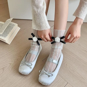 Кружевные носки для телят, средний носок с бантом, Летние открытые чулки для студенток, женские Носки в японском стиле