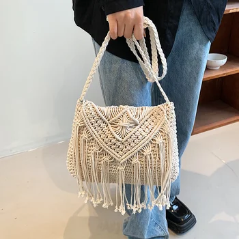 Модная повседневная соломенная сумка с полой кисточкой, пляжная сумка, флип-сумка ручной работы, хлопковая веревочная сумка через плечо 2023