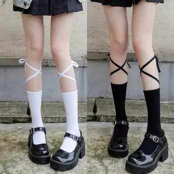 1 пара женских носков в японском и корейском стиле, милые однотонные носки средней длины с перекрестной завязкой