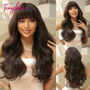 Длинный волнистый натуральный черный синтетический парик с челкой, объемная волна, темно-коричневые парики для женщин, афро-повседневный косплей, Термостойкие волосы