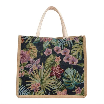 Повседневная женская сумка-тоут с цветочным рисунком, ретро сумки через плечо большой емкости для женщин, льняные сумки на молнии, роскошные дизайнерские