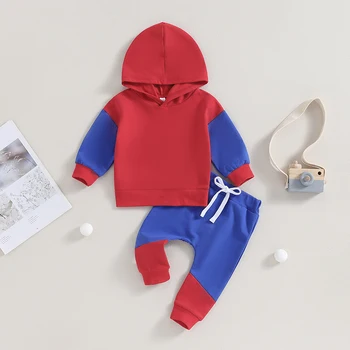 Осенние комплекты одежды для маленьких мальчиков FOCUSNORM от 0 до 3 лет, 2 шт. Цветные топы с капюшоном в стиле пэчворк с длинными рукавами + Брюки с эластичными карманами