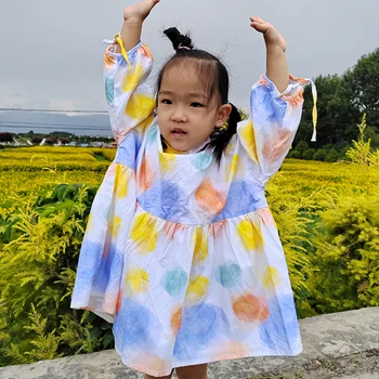 Детское модное платье в стиле масляной живописи, весенне-летнее/осеннее платье принцессы для девочек, детская юбка в разноцветный горошек