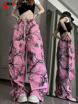 Повседневная одежда с допамином, женские брюки с граффити в стиле ретро, 2023, Летние Свободные Прямые брюки с камуфляжным принтом и карманами