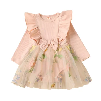 BeQeuewll/ платье для маленьких девочек с длинным рукавом, воланом, бантом, вышивкой, цветочным тюлем, боди в стиле пэчворк, одежда, милое платье принцессы