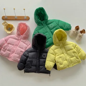 Новая вестернизированная модная детская хлопковая куртка из плюша, теплая куртка для улицы, короткая хлопковая куртка с улыбающимся лицом, утолщенный капюшон