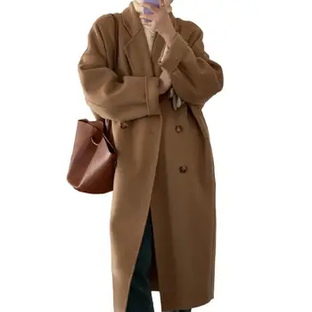 Элегантное женское пальто Стильное женское зимнее шерстяное пальто, длинный двубортный тренч с карманами на воротнике-лацкане, теплый шикарный Универсальный