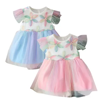 Летнее новое модное платье для девочек с пятицветным принтом в виде лепестков, с маленькими развевающимися рукавами, винтажное платье для девочек в клетку для маленьких девочек.
