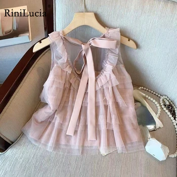 RiniLucia 2023, новая рубашка для девочек, летняя милая детская одежда, однотонные детские блузки без рукавов с оборками, многослойная одежда для девочек