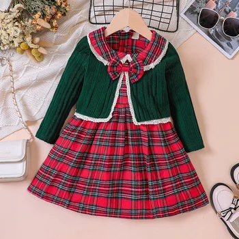 Комплект осенне-зимней одежды для девочек, детское милое пальто-кардиган в зеленую клетку + красные платья на бретелях с кукольным вырезом, комплект из 2 предметов