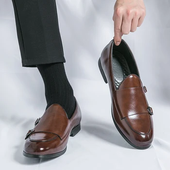 Мужские лоферы с двойной пряжкой, черно-коричневые монашеские туфли, мужские туфли из искусственной кожи с бесплатной доставкой, размер 38-48, мужские модельные туфли